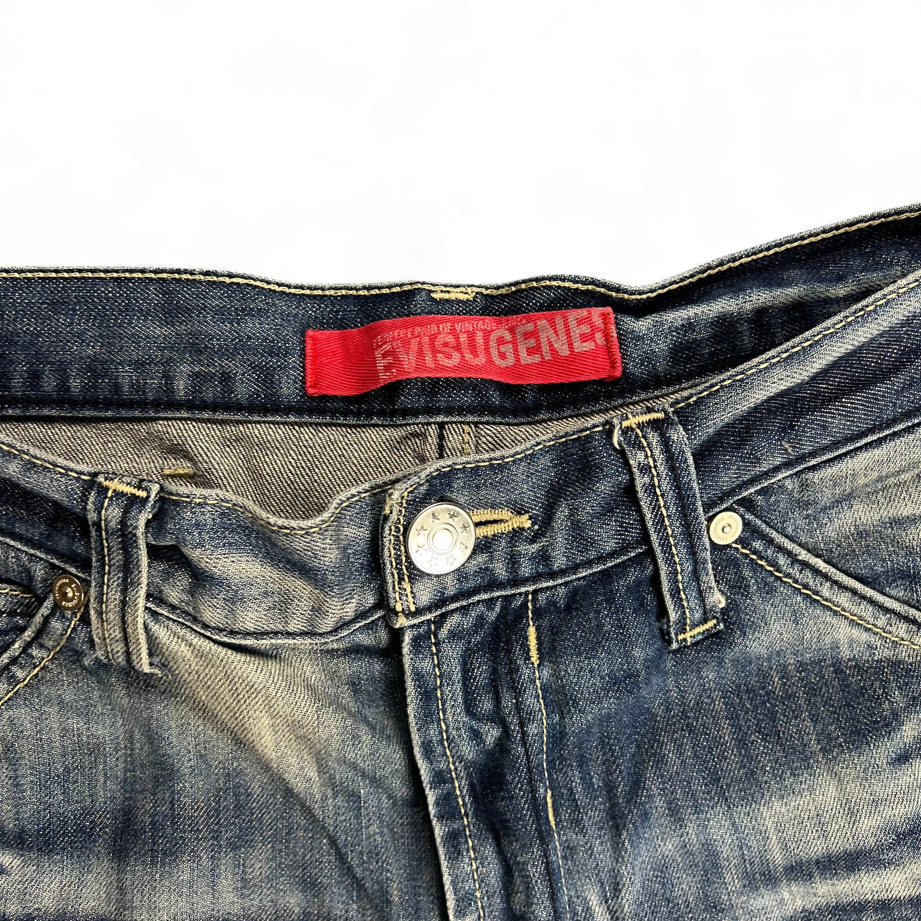 TWC Vintage Evisu KC Straight Jeans aus blauem Denim mit rotem Evisugene-Label am Bund