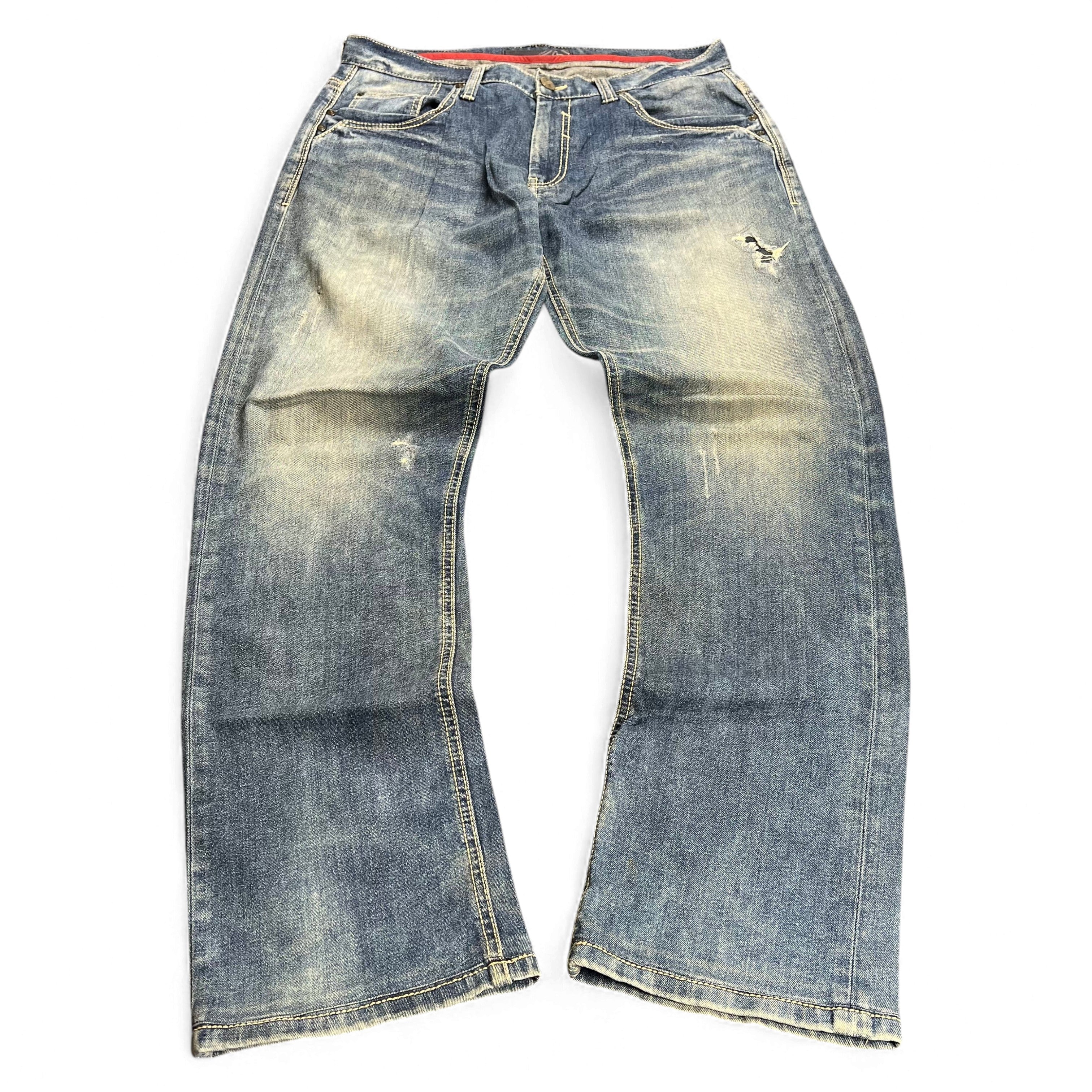 TWC Vintage Evisu KC Straight Jeans in verwaschenem Blau mit Distressed-Details und geradem Bein
