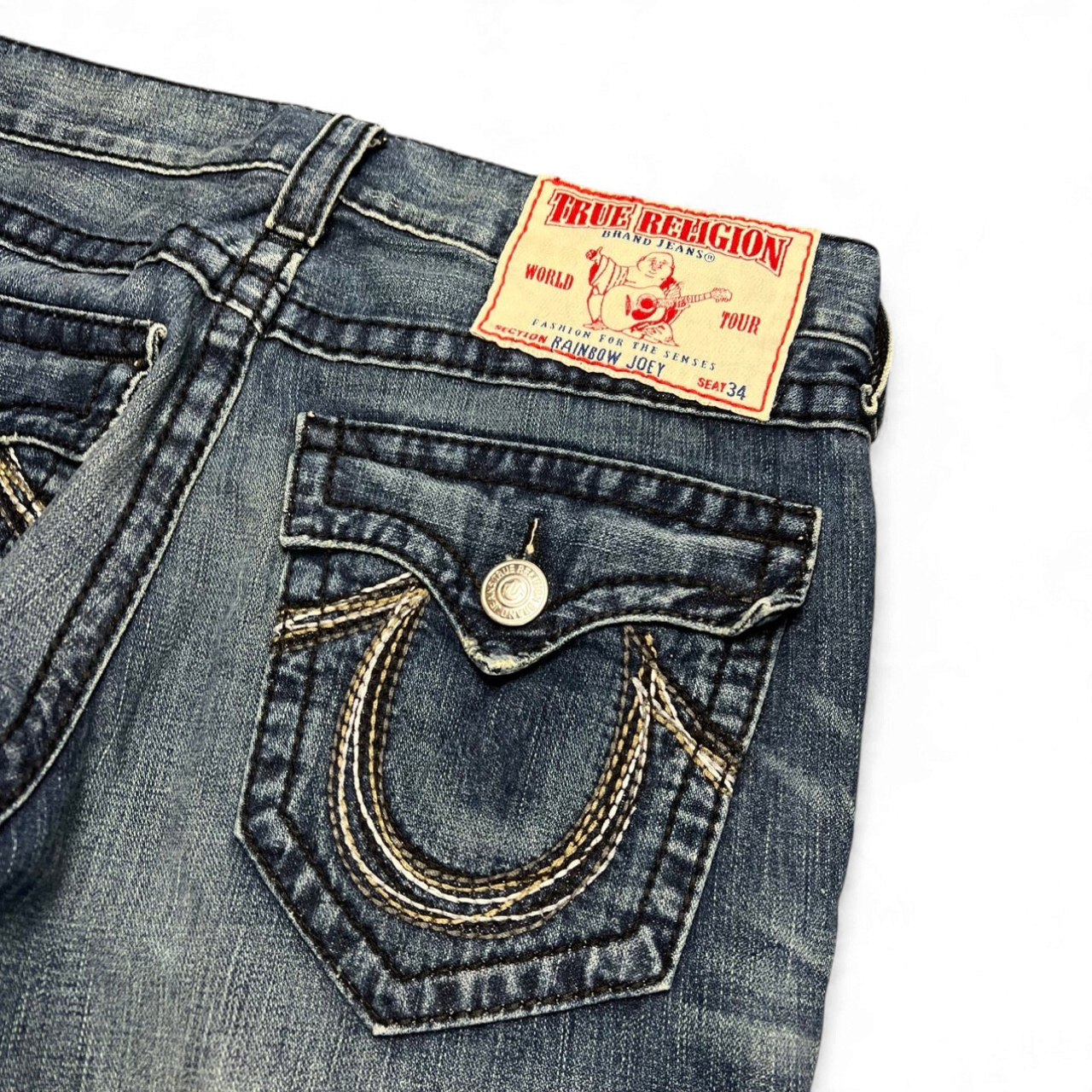 TWC Vintage True Religion Rainbow Joey Bootcut Jeans mit charakteristischen Nähten und Logo-Lederpatch