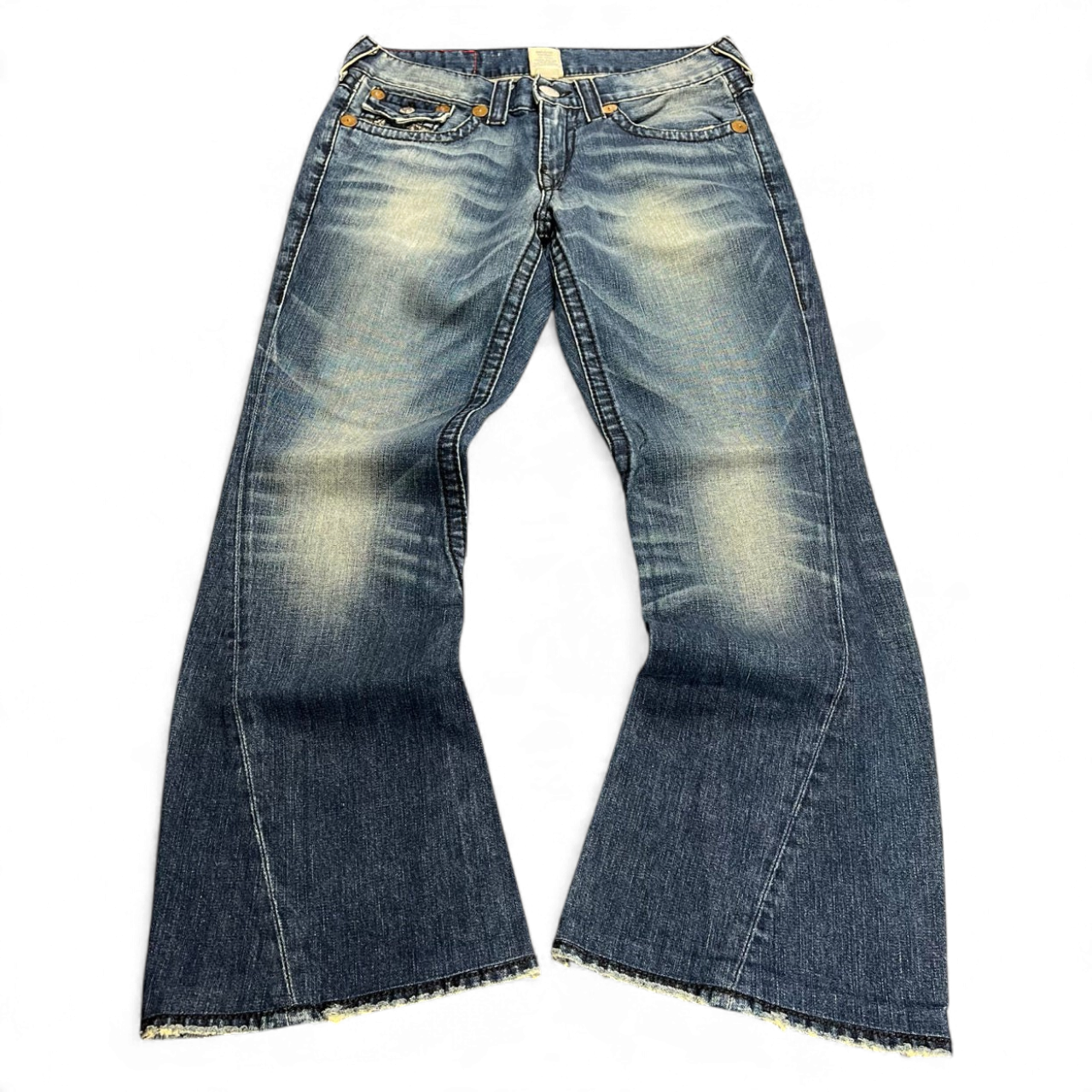 TWC Vintage True Religion Rainbow Joey Bootcut Jeans in blauem Denim mit ausgefranstem Saum und markanten Nähten