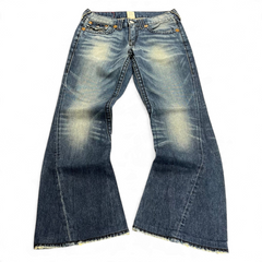 TWC Vintage True Religion Rainbow Joey Bootcut Jeans in blauem Denim mit ausgefranstem Saum und markanten Nähten