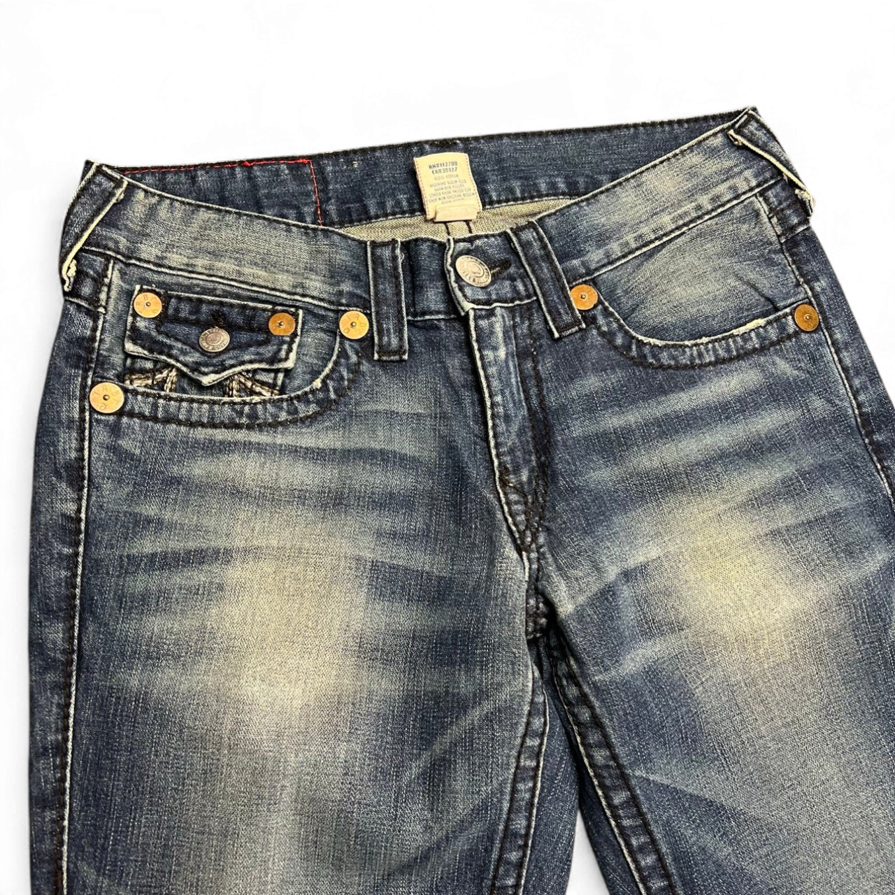 TWC Vintage True Religion Rainbow Joey Bootcut Jeans in blauem Denim mit charakteristischen Nähten und Nieten