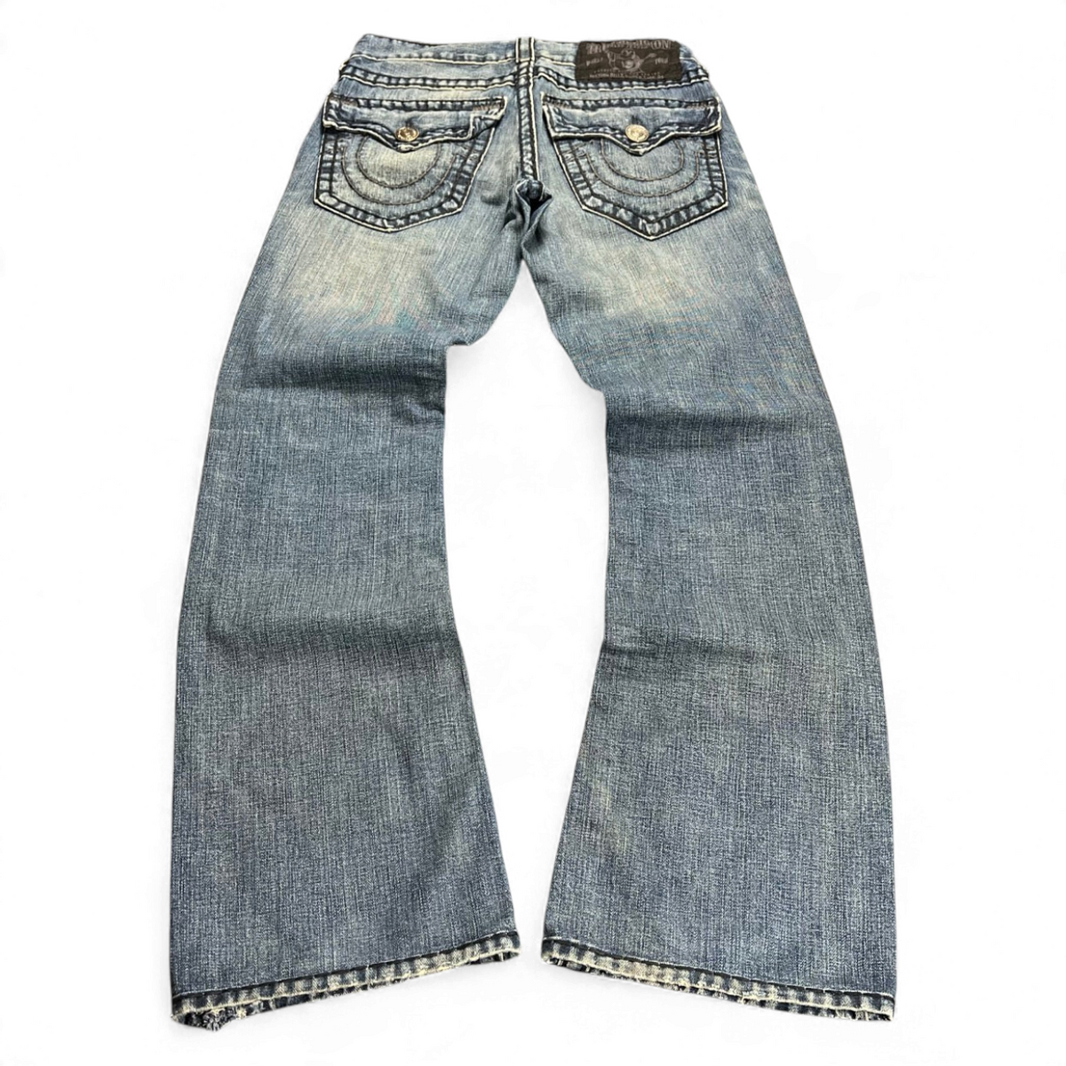 TWC Vintage True Religion Billy Super T Bootcut Jeans in blau mit markanten Kontrastnähten und Gesäßtaschen