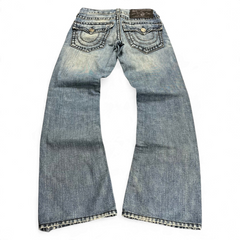 TWC Vintage True Religion Billy Super T Bootcut Jeans in blau mit markanten Kontrastnähten und Gesäßtaschen
