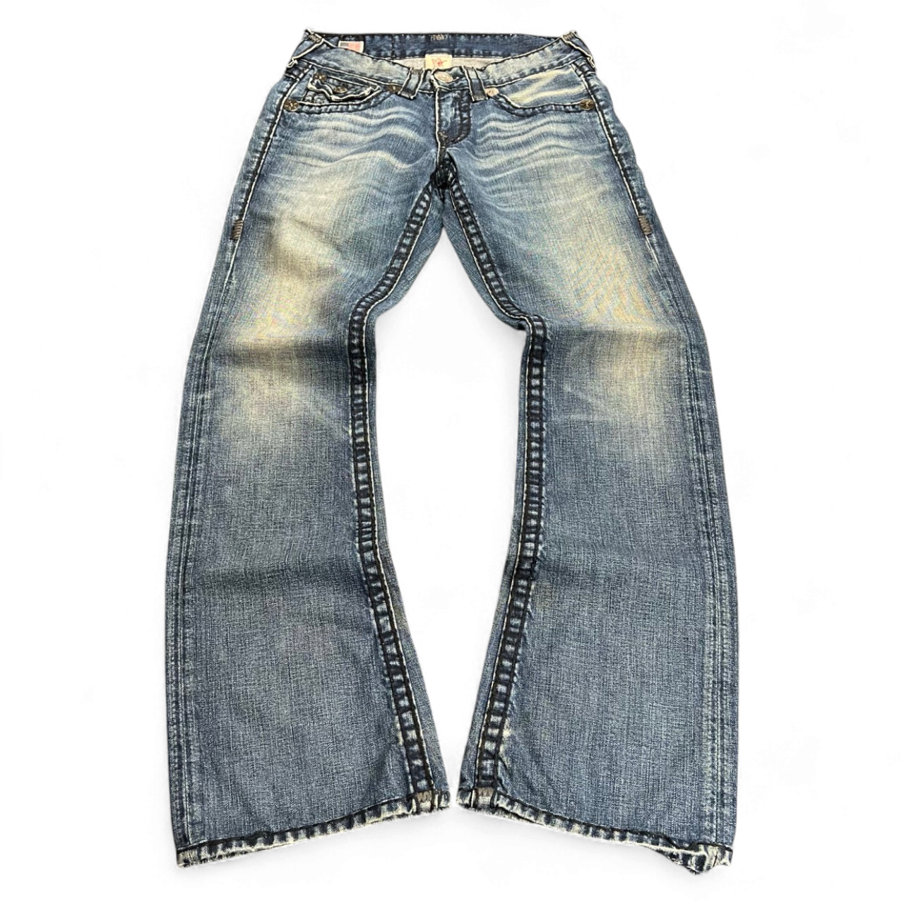 TWC Vintage True Religion Billy Super T Bootcut Jeans in blauem Denim mit markanten Kontrastnähten