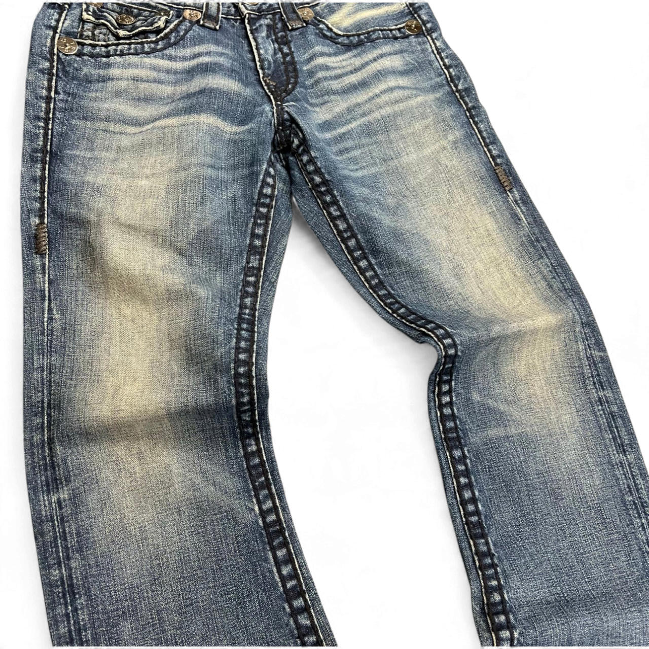 TWC Vintage True Religion Billy Super T Bootcut Jeans in verwaschenem Blau mit markanten Kontrastnähten