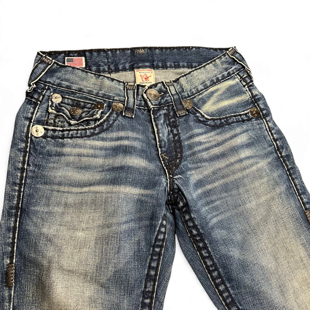 TWC Vintage True Religion Billy Super T Bootcut Jeans in verwaschenem Blau mit markanten Kontrastnähten