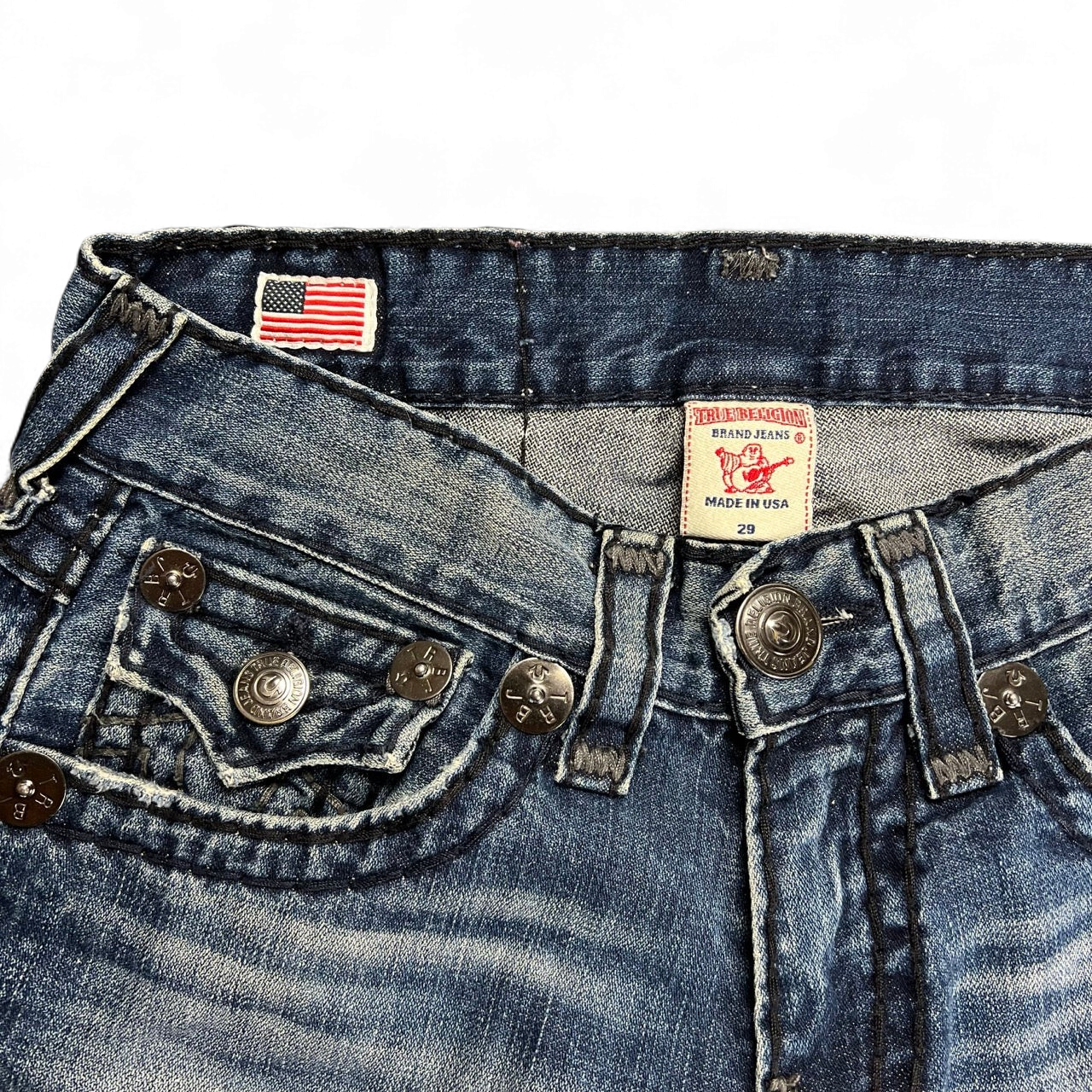 TWC Vintage True Religion Billy Super T Bootcut Jeans in blauem Denim mit markanten Nähten und US-Flaggen-Label