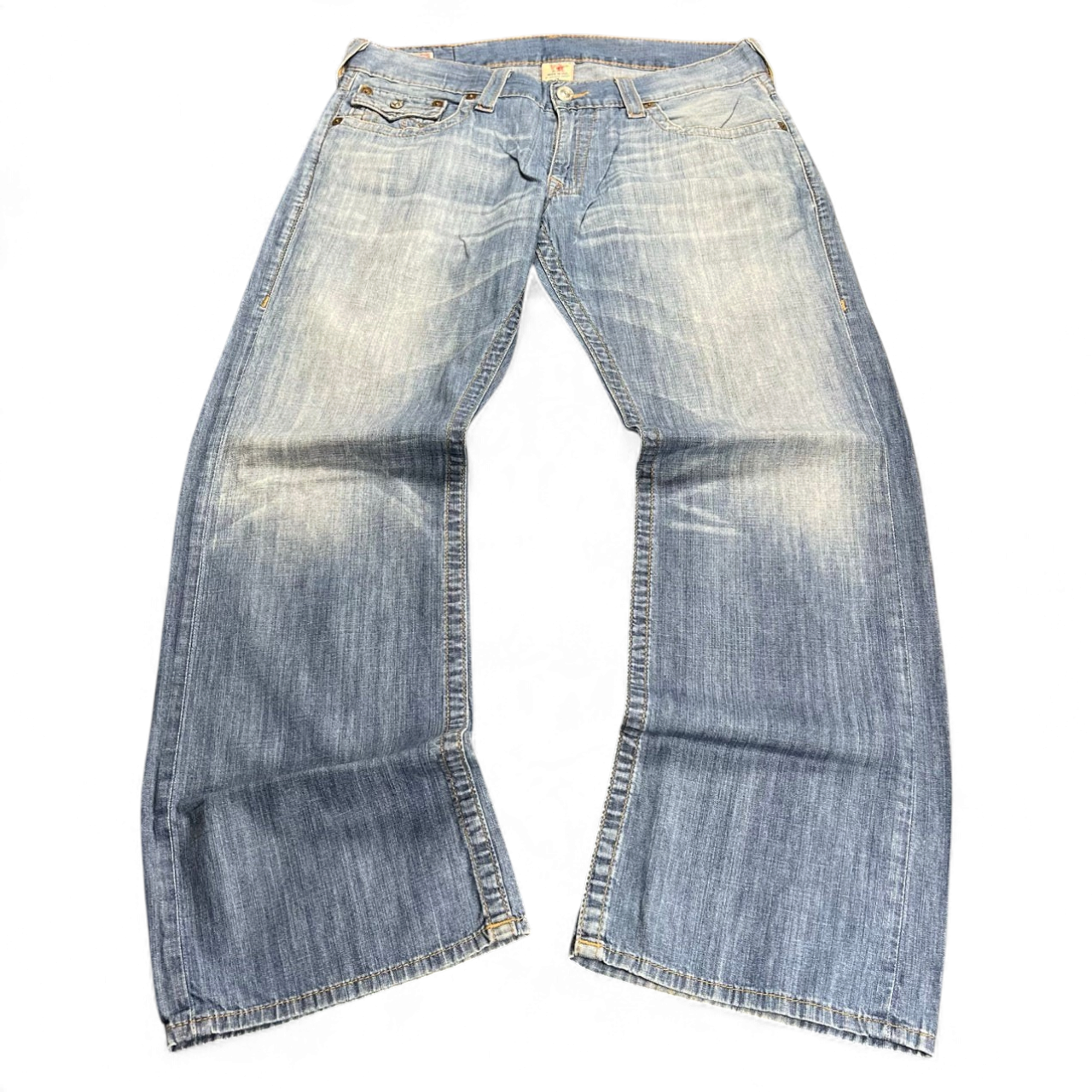 TWC Vintage True Religion Jeans mit geradem Bein in hellblauem Denim mit Used-Optik