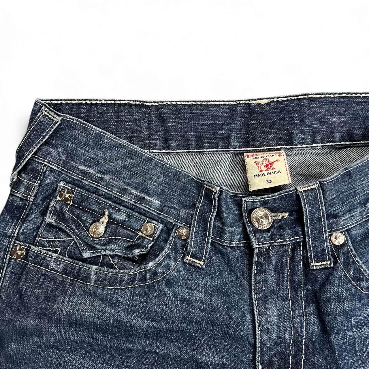TWC Vintage True Religion Bootcut Jeans in Dunkelblau mit Kontrastnähten und Logo-Label am Bund