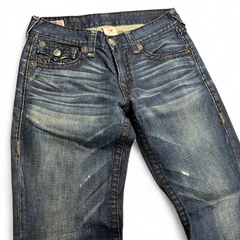 TWC Vintage True Religion Joey Super T Bootcut Jeans in verwaschenem Blau mit markanten Kontrastnähten