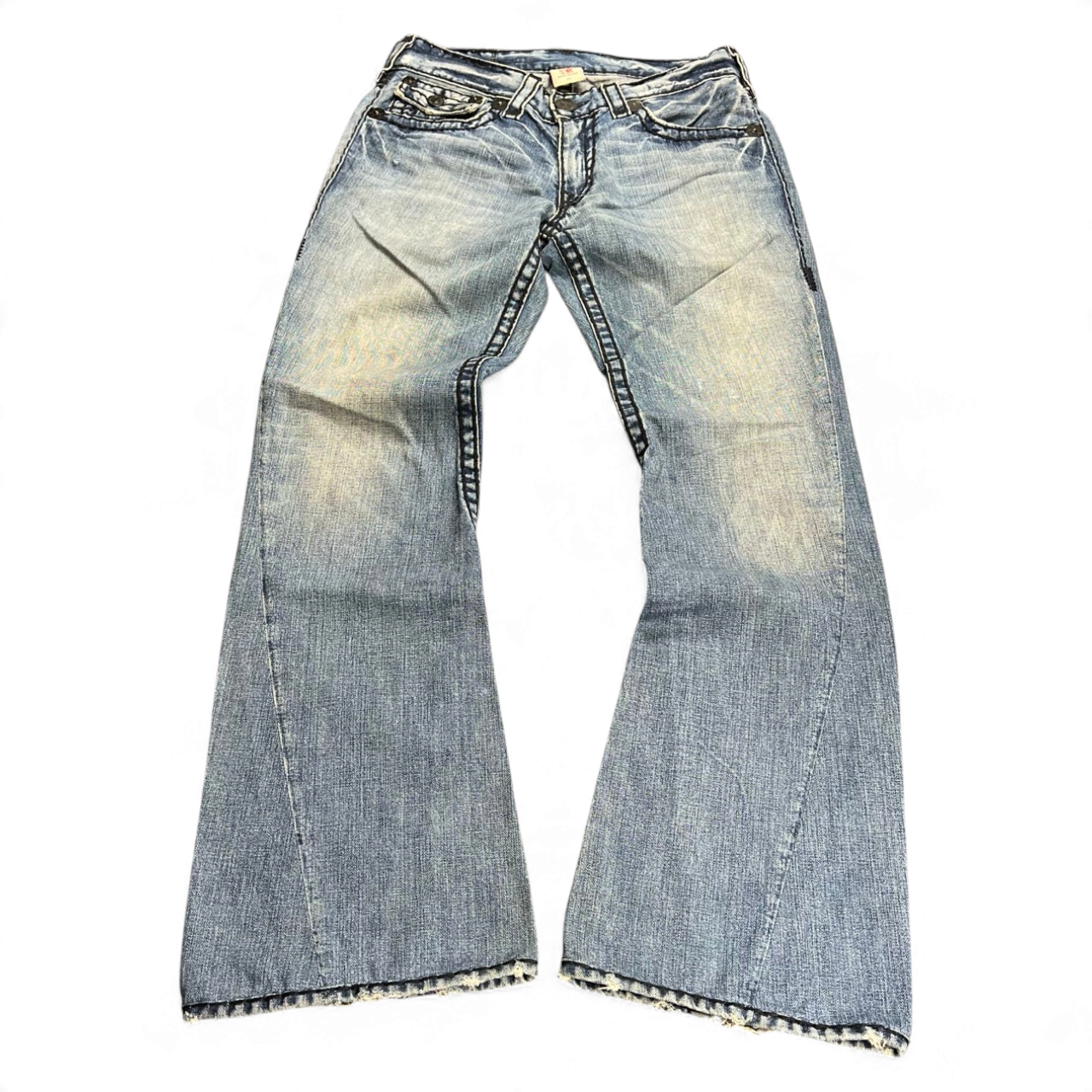TWC Vintage True Religion Joey Super T Bootcut Jeans in hellblauem Denim mit markanten Kontrastnähten