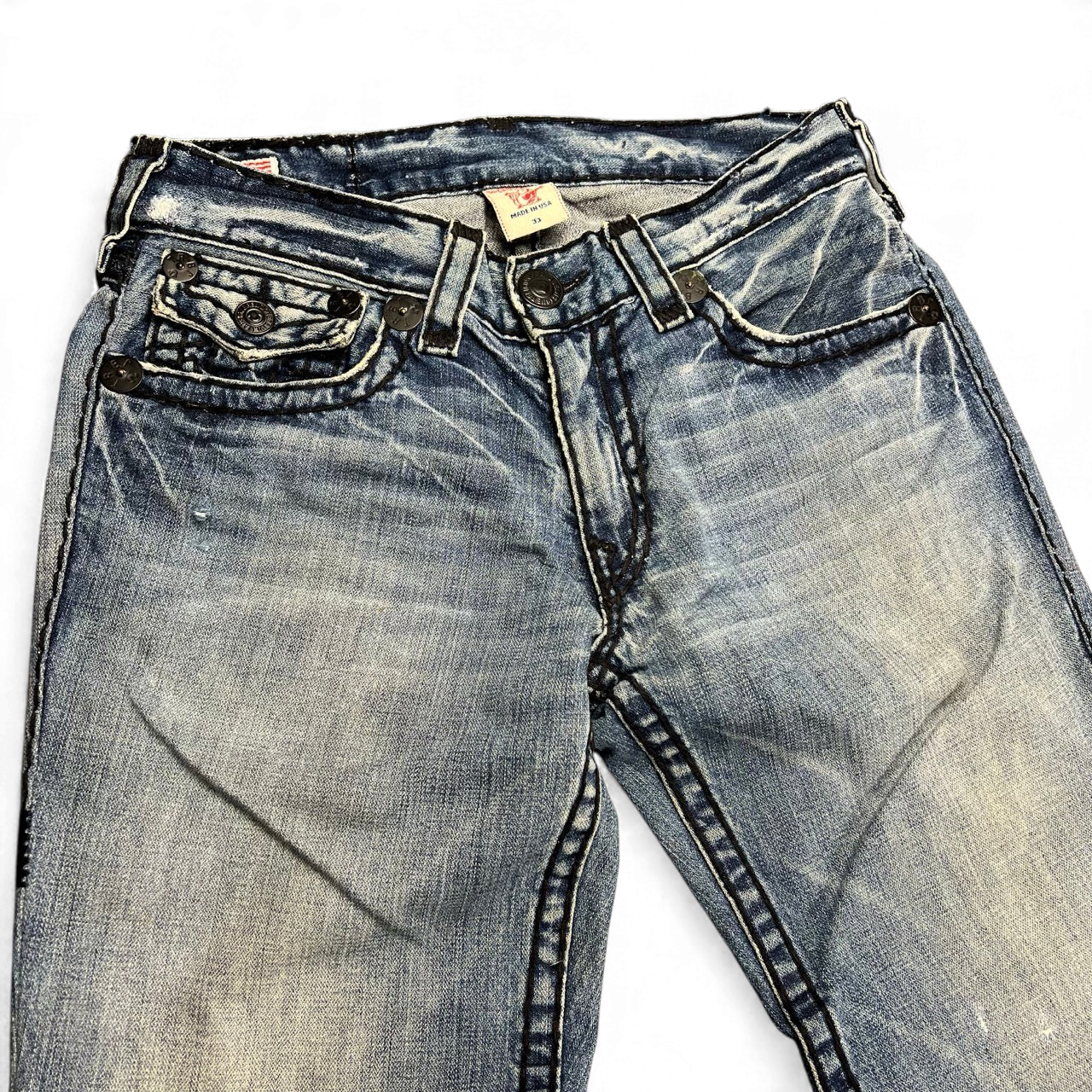 TWC Vintage True Religion Joey Super T Bootcut Jeans in verwaschenem Blau mit markanten Kontrastnähten
