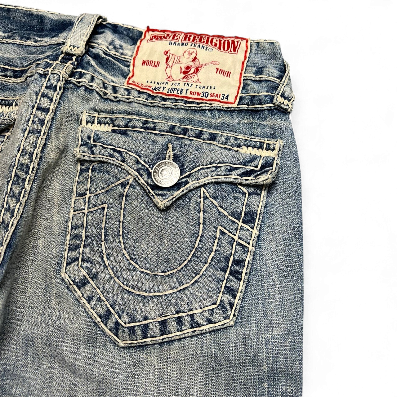 TWC Vintage True Religion Joey Super T Bootcut Jeans in hellblauem Denim mit markanten hellen Kontrastnähten