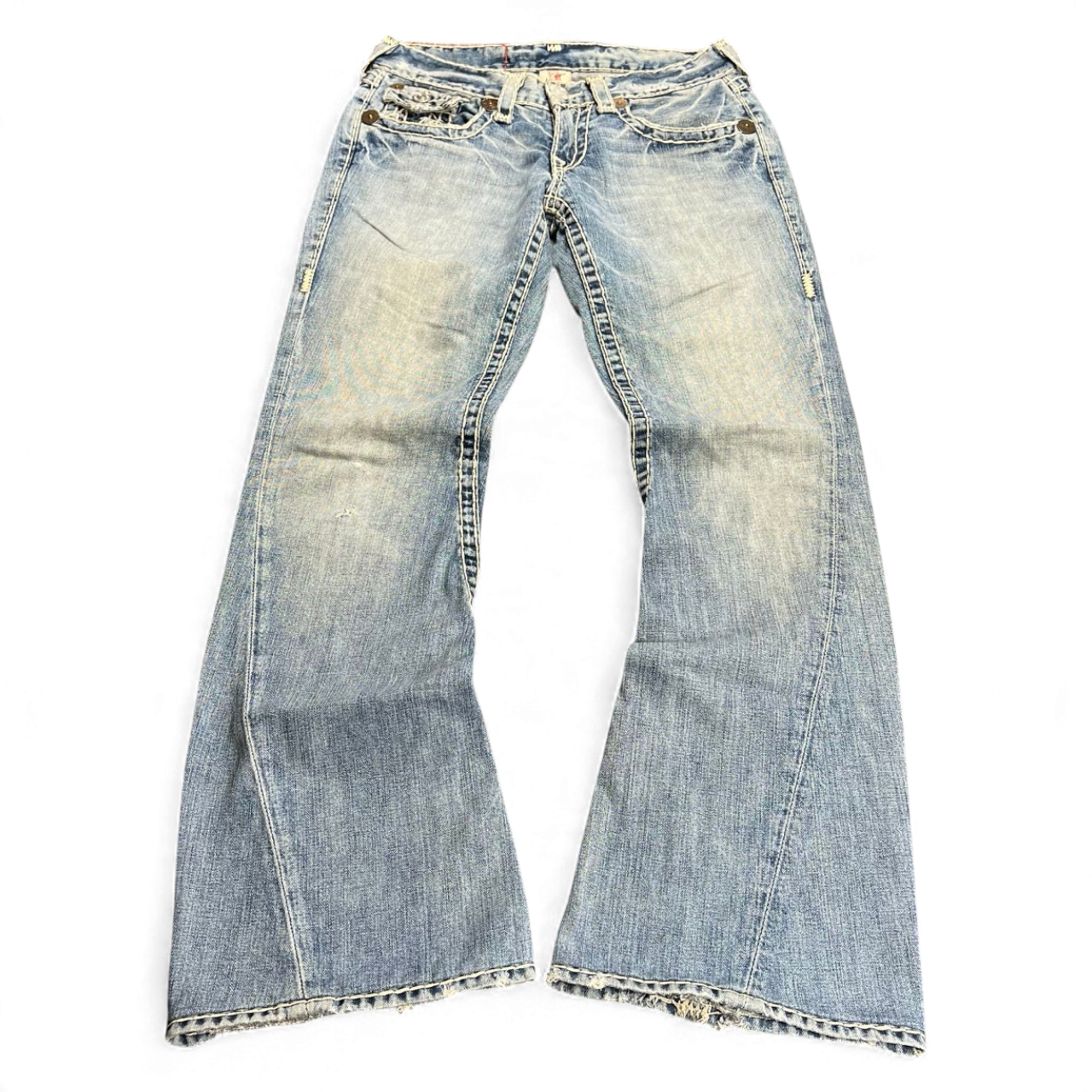 TWC Vintage True Religion Joey Super T Bootcut Jeans in hellblauem Denim mit markanten Kontrastnähten