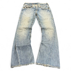 TWC Vintage True Religion Joey Super T Bootcut Jeans in hellblauem Denim mit markanten Kontrastnähten