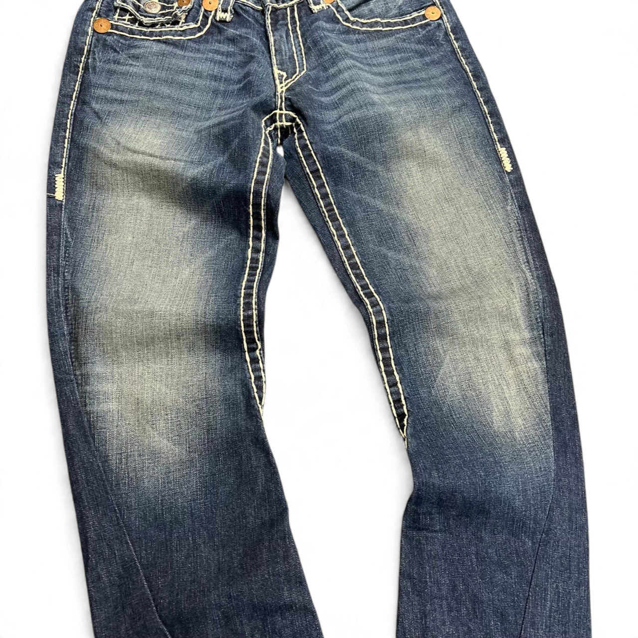 TWC Vintage True Religion Joey Super T Jeans in blauem Denim mit markanten hellen Kontrastnähten und geradem Bein