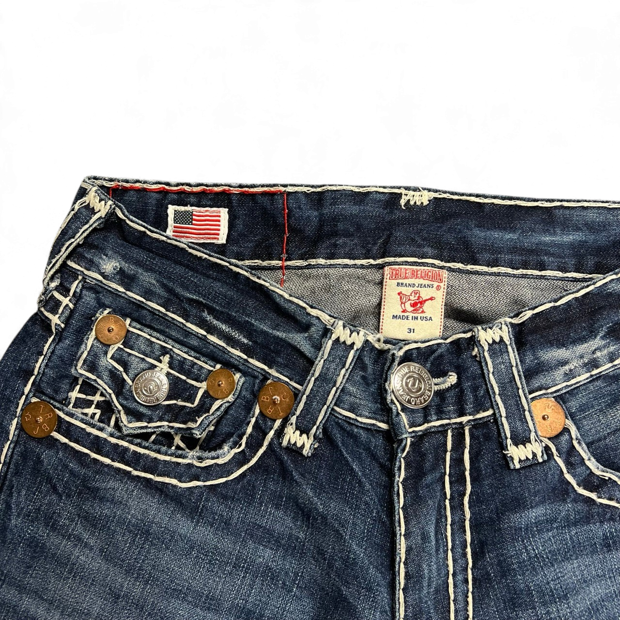 TWC Vintage True Religion Joey Super T Jeans mit markanten Kontrastnähten, US-Flaggen-Detail und Messingknöpfen