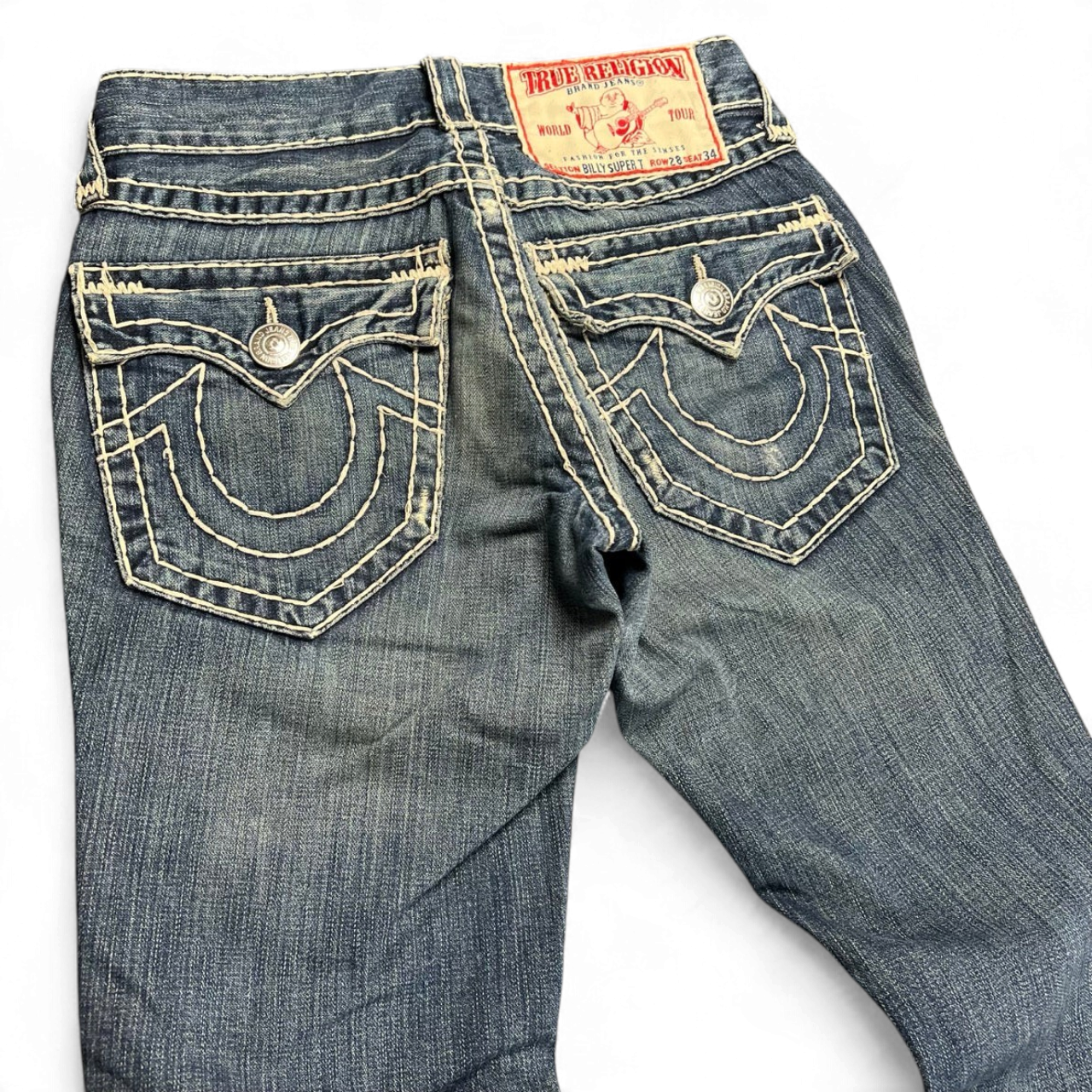TWC Vintage True Religion Billy Super T Bootcut Jeans in blauem Denim mit markanten hellen Kontrastnähten