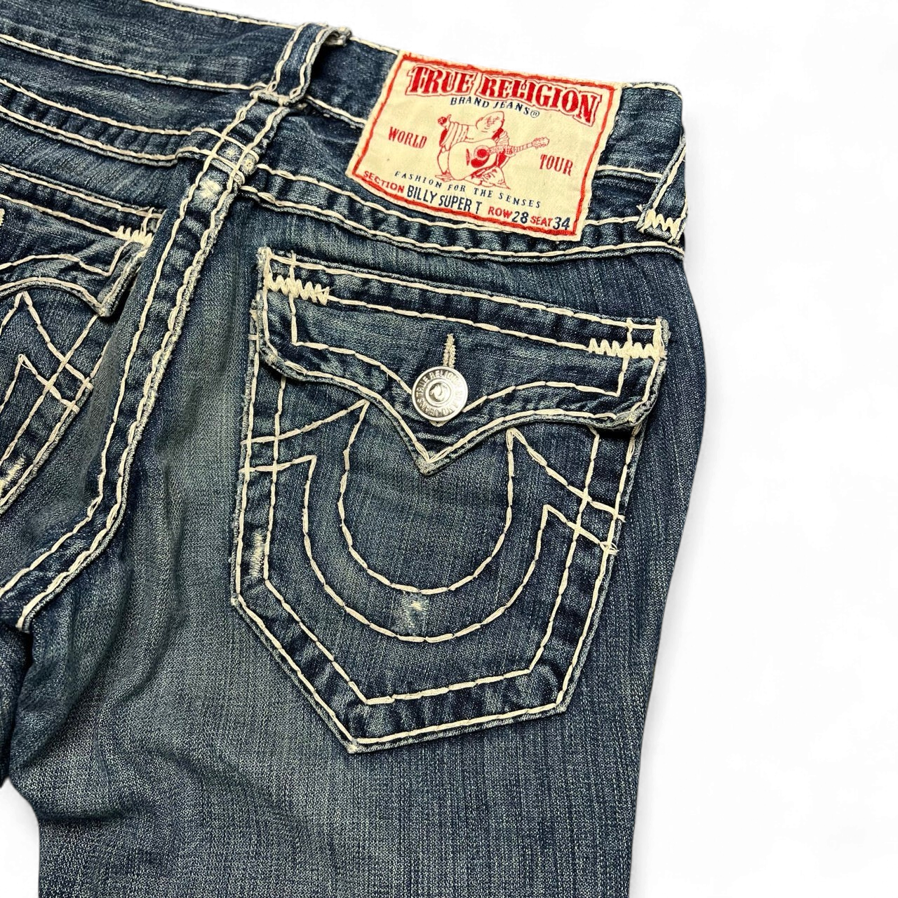 TWC Vintage True Religion Billy Super T Bootcut Jeans in blauem Denim mit markanten weißen Kontrastnähten