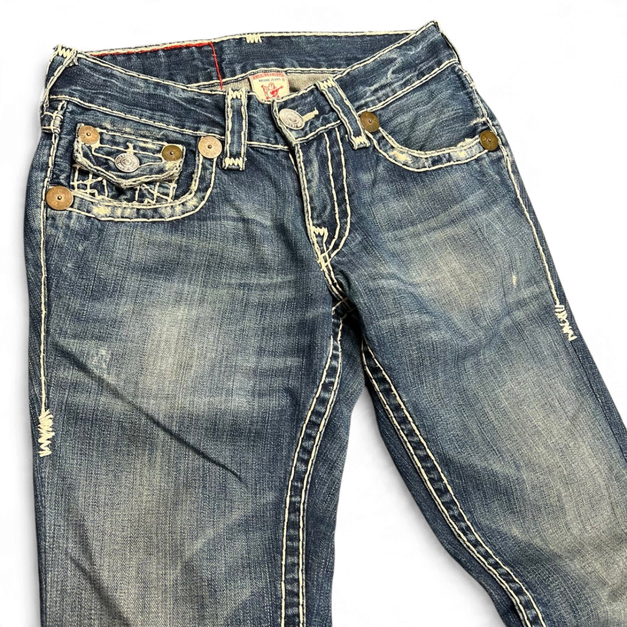 TWC Vintage True Religion Billy Super T Bootcut Jeans in blau mit markanten hellen Kontrastnähten