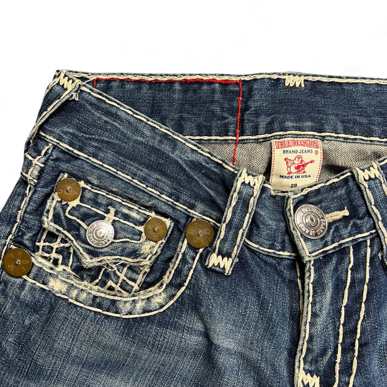 TWC Vintage True Religion Billy Super T Bootcut Jeans mit markanten Kontrastnähten und Used-Look-Details