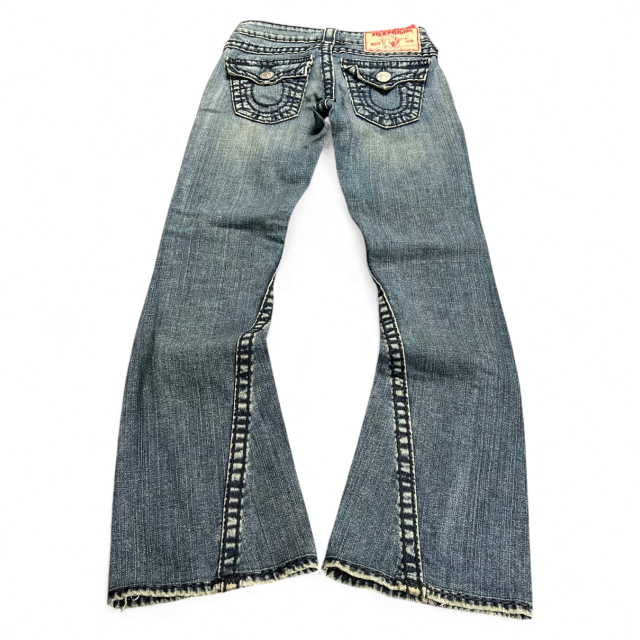 TWC Vintage True Religion Joey Super T Damen Bootcut Jeans in blau mit markanten Kontrastnähten und Gesäßtaschen