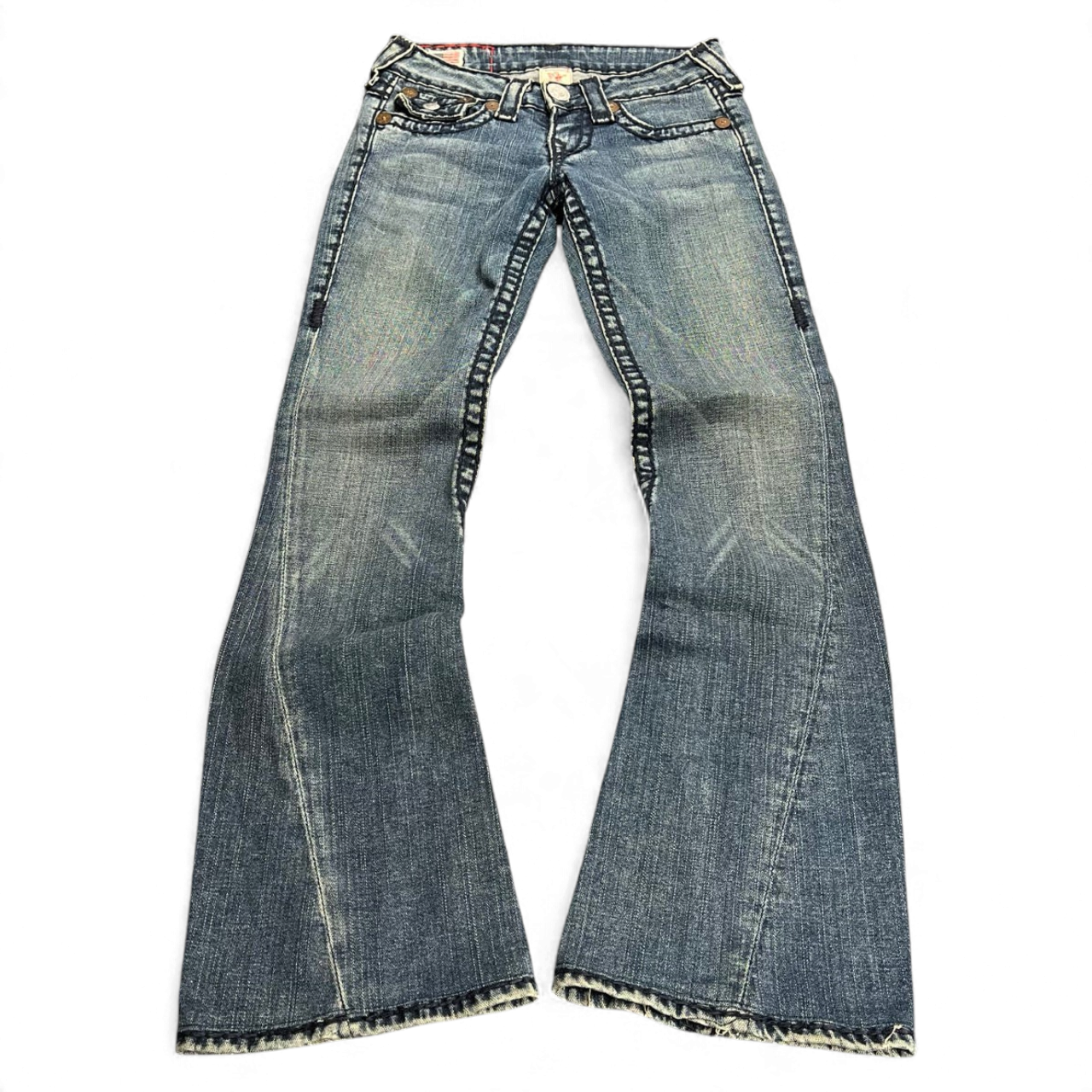 TWC Vintage True Religion Joey Super T Bootcut Jeans in blau mit markanten Kontrastnähten und ausgefranstem Saum