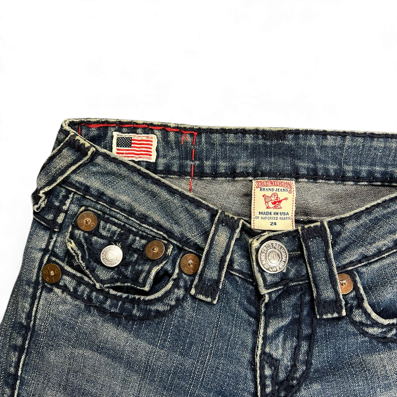 TWC Vintage True Religion Joey Super T Bootcut Jeans mit charakteristischen Nähten und US-Flaggen-Detail