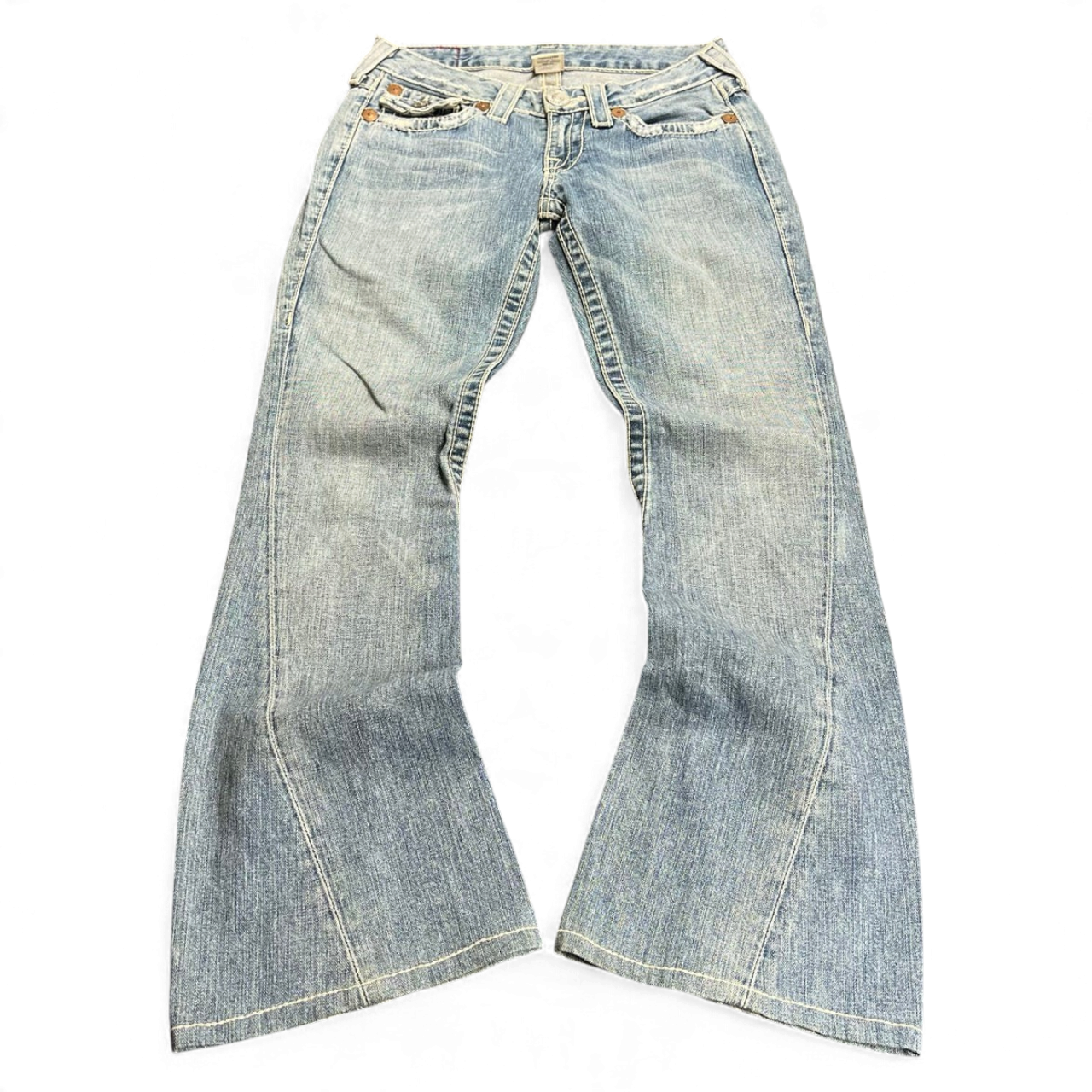 TWC Vintage Damen True Religion Joey Big T Bootcut Jeans in hellblauem Denim mit markanten Kontrastnähten