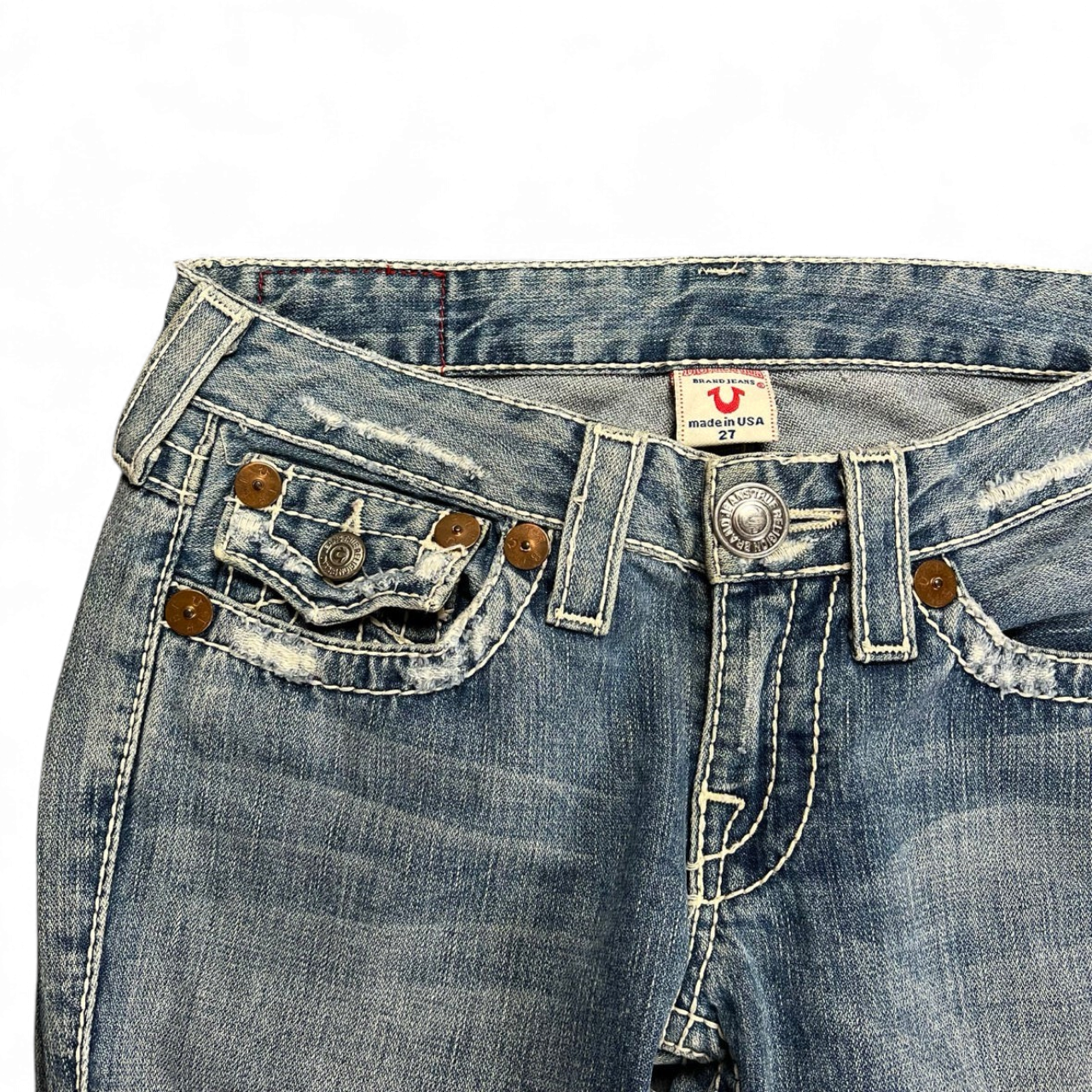 TWC Vintage Damen True Religion Joey Big T Bootcut Jeans in blauem Denim mit markanten Kontrastnähten
