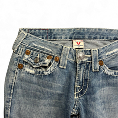 TWC Vintage Damen True Religion Joey Big T Bootcut Jeans in blauem Denim mit markanten Kontrastnähten