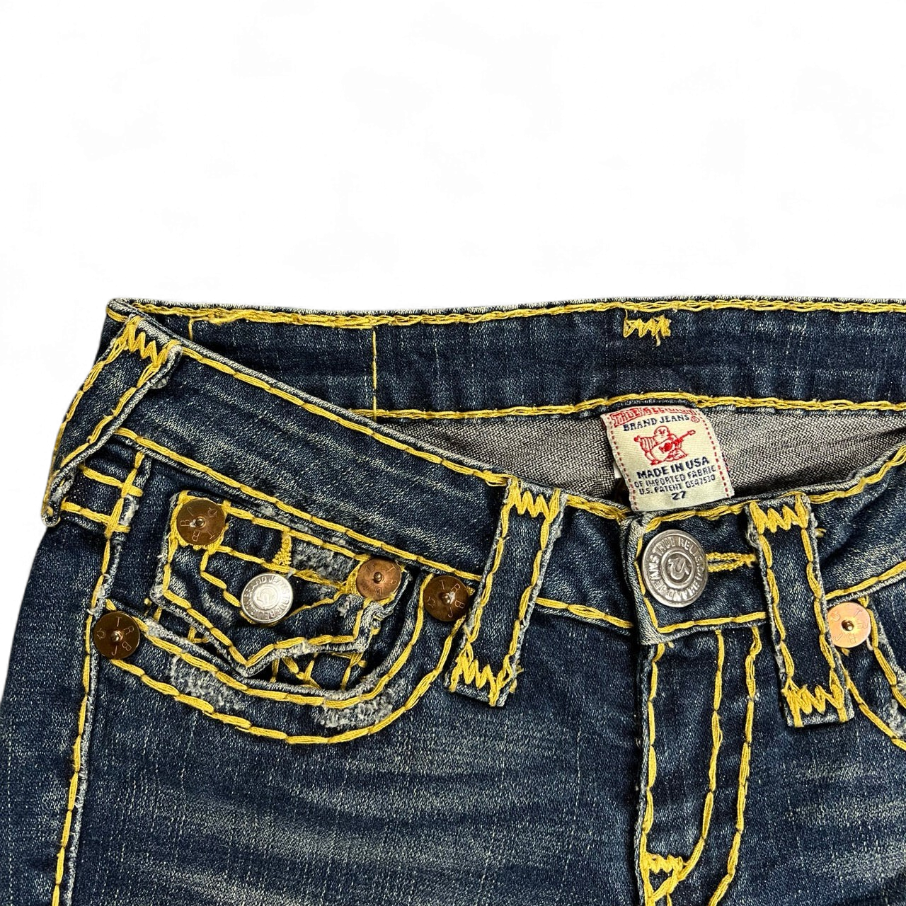 TWC Vintage True Religion Damen Straight Jeans in Dunkelblau mit markanten gelben Kontrastnähten und Logo-Label