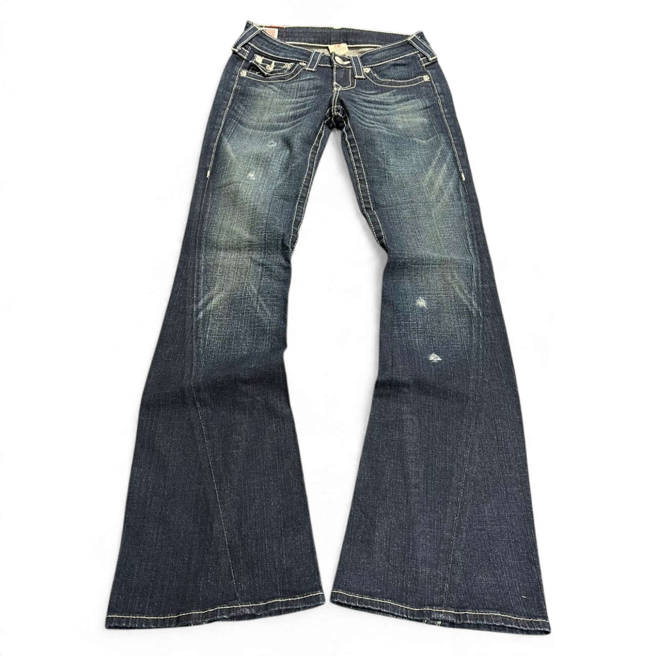 TWC Vintage Damen True Religion Joey Bootcut Jeans in verwaschenem Blau mit markanten Kontrastnähten