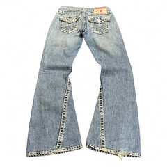 TWC Vintage True Religion Joey Super T Bootcut Jeans in hellblauem Denim mit markanten Kontrastnähten