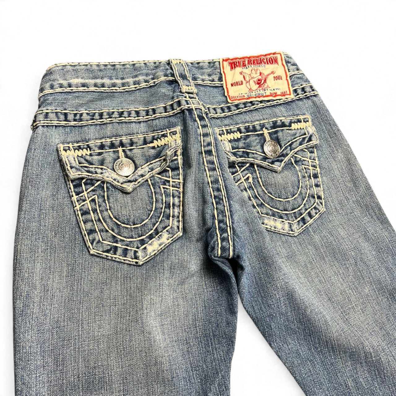TWC Vintage Damen True Religion Joey Super T Bootcut Jeans in blau mit markanten hellen Kontrastnähten