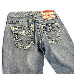 TWC Vintage Damen True Religion Joey Super T Bootcut Jeans in blau mit markanten hellen Kontrastnähten