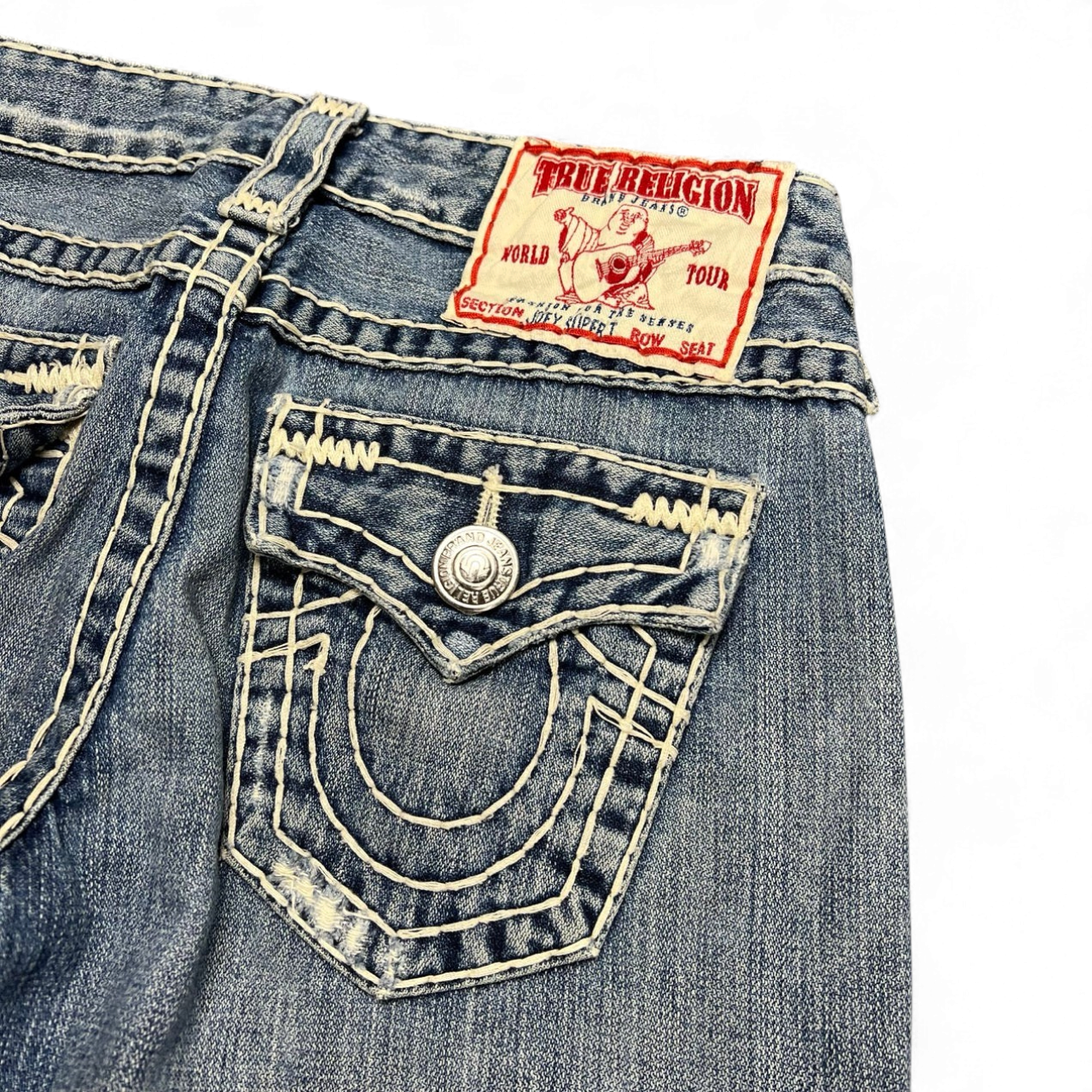 TWC Vintage True Religion Joey Super T Damen Bootcut Jeans in Blau mit markanten hellen Kontrastnähten