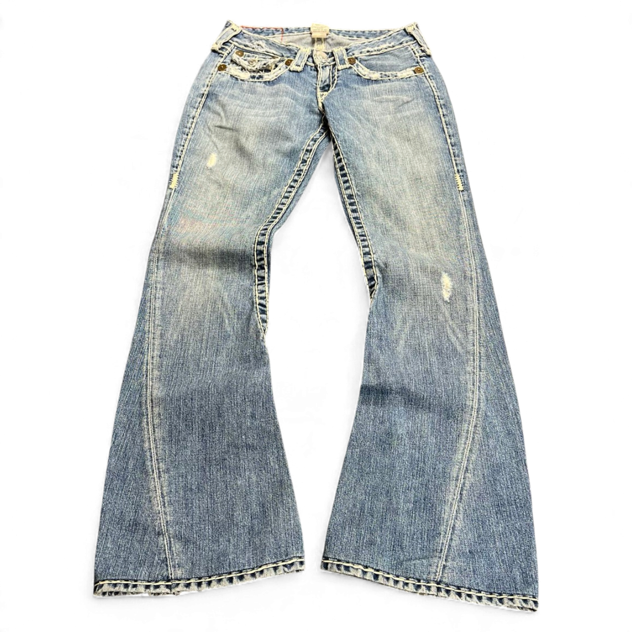 TWC Vintage Damen True Religion Joey Super T Bootcut Jeans in verwaschenem Blau mit markanten Kontrastnähten