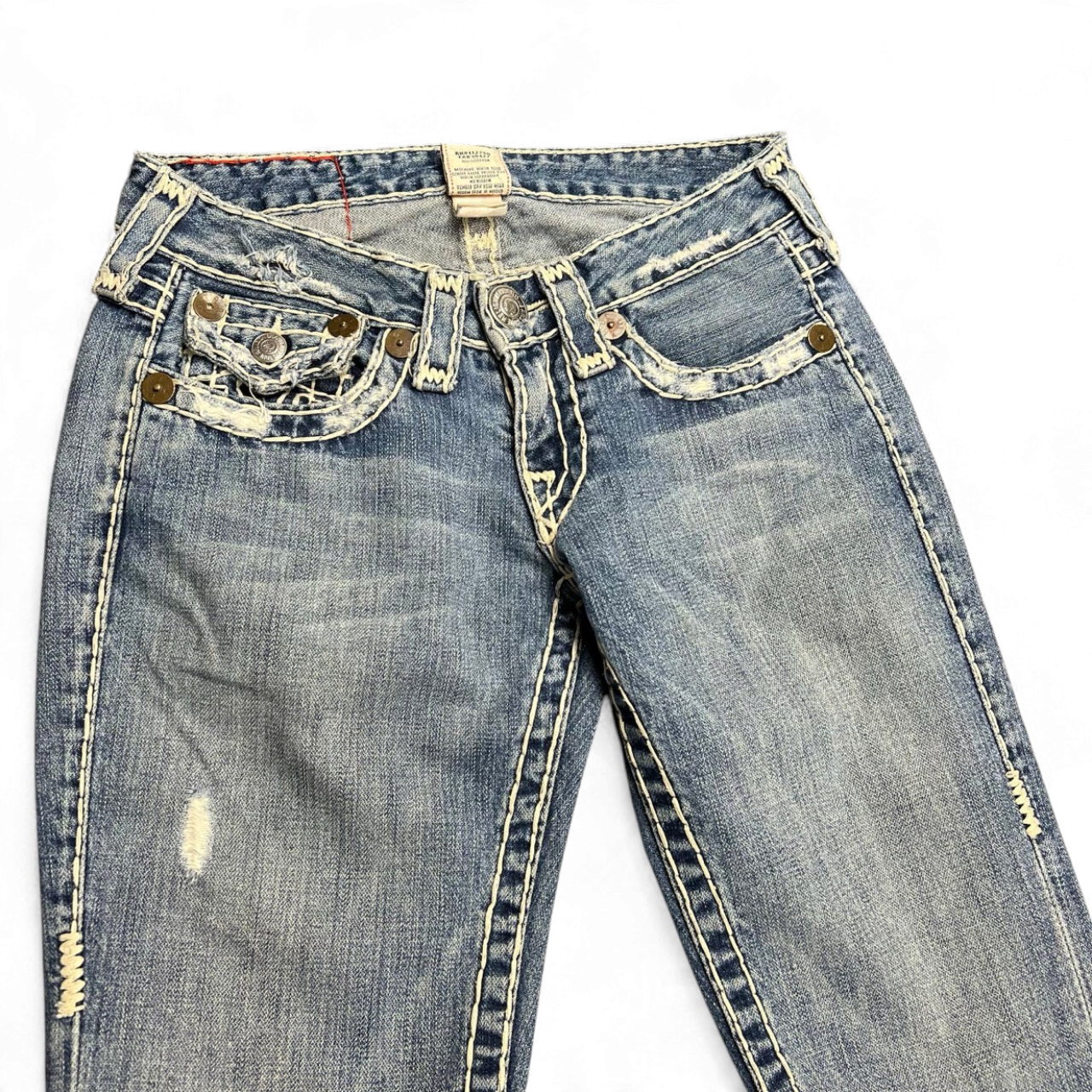 TWC Vintage True Religion Joey Super T Damen Bootcut Jeans in blauem Denim mit markanten hellen Kontrastnähten