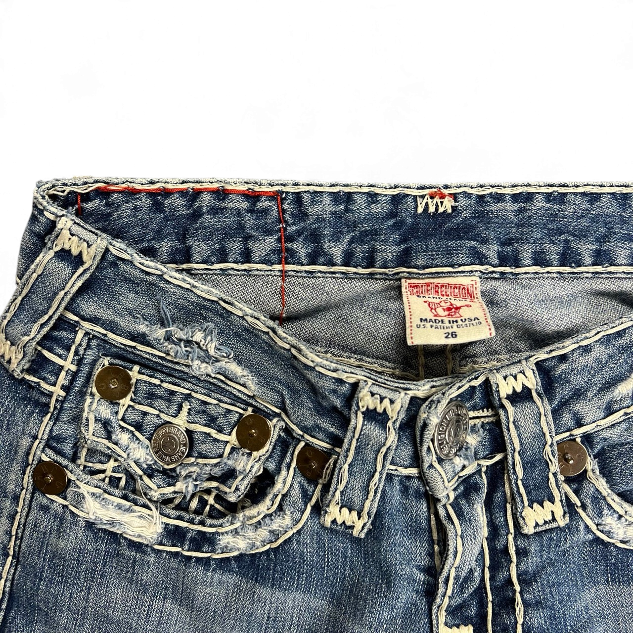 TWC Vintage Damen True Religion Joey Super T Bootcut Jeans mit markanten hellen Kontrastnähten und Distressed-Details