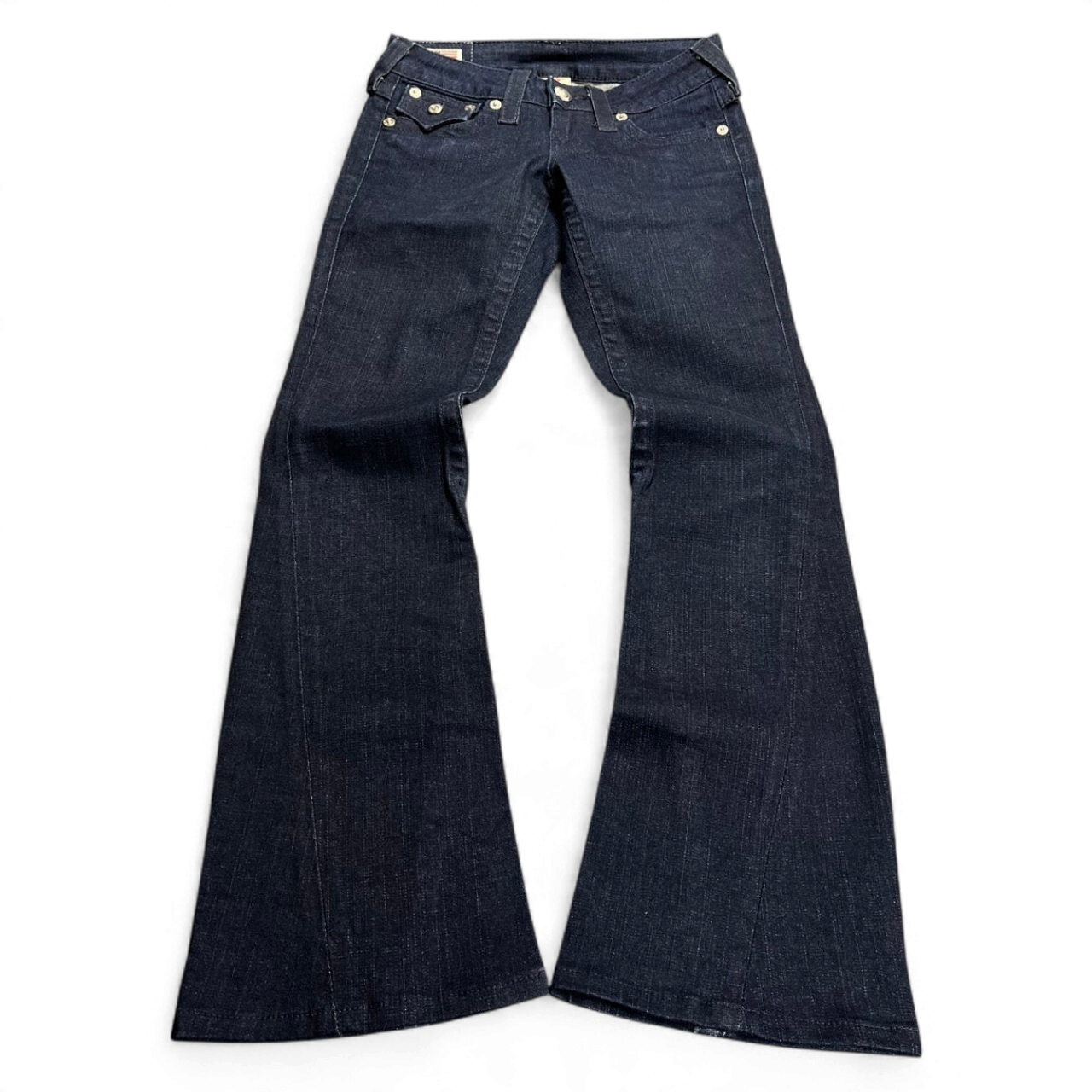TWC Vintage True Religion Joey Bootcut Jeans in Dunkelblau mit charakteristischen Taschenklappen