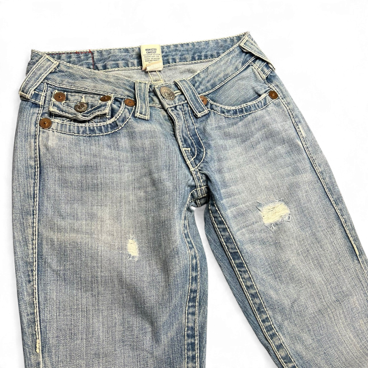 TWC Vintage Damen True Religion Joey Big T Bootcut Jeans in hellblauem Denim mit markanten Nähten und Distressed-Optik