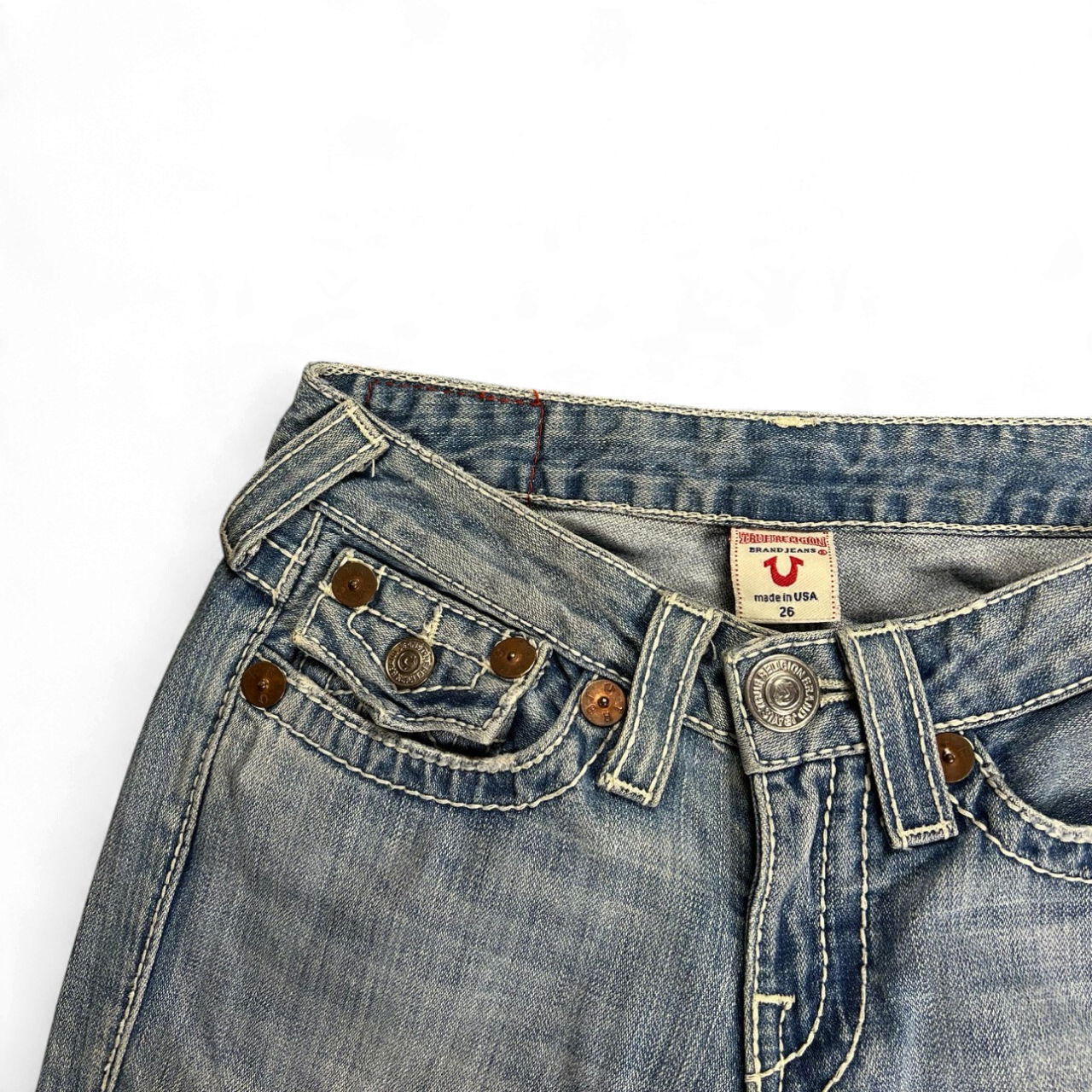 TWC Vintage True Religion Joey Big T Damen Bootcut Jeans in hellblauem Denim mit markanten Kontrastnähten