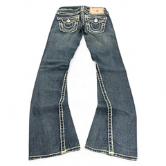 TWC Vintage Damen True Religion Joey Super T Bootcut Jeans in Dunkelblau mit markanten hellen Kontrastnähten