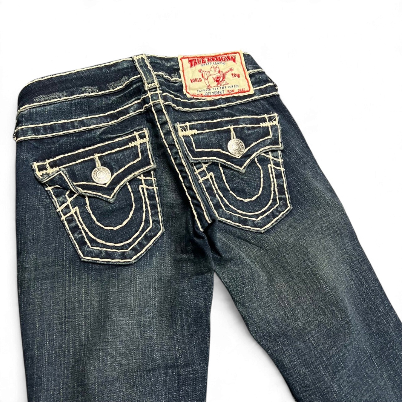TWC Vintage True Religion Joey Super T Bootcut Jeans in dunkelblauem Denim mit markanten hellen Kontrastnähten