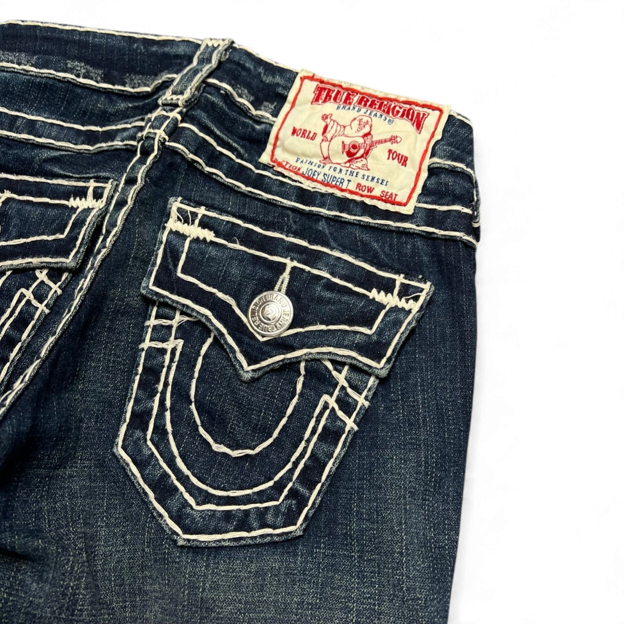 TWC Vintage True Religion Joey Super T Bootcut Jeans in dunkelblauem Denim mit markanten hellen Kontrastnähten