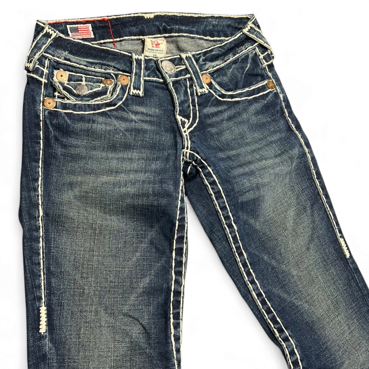 TWC Vintage Damen True Religion Joey Super T Bootcut Jeans in verwaschenem Blau mit markanten hellen Kontrastnähten