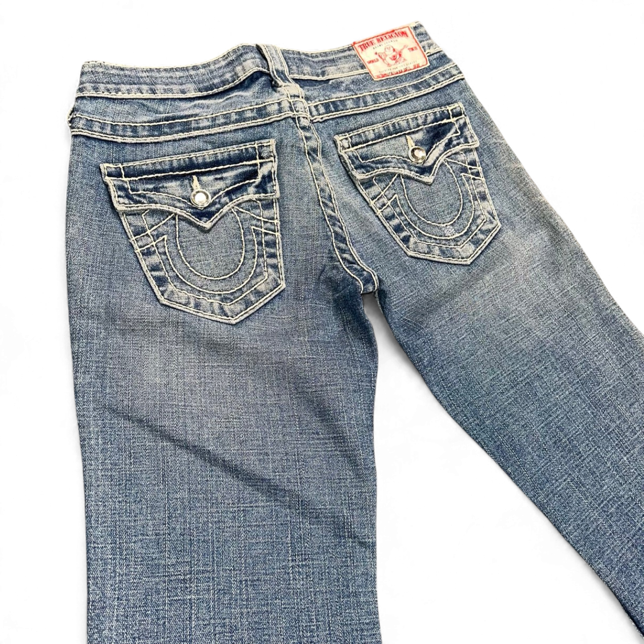 TWC Vintage True Religion Disco Joey Big T Bootcut Jeans in blau mit markanten Kontrastnähten und Klappentaschen