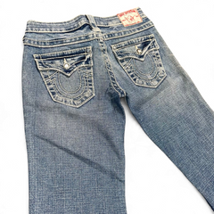 TWC Vintage True Religion Disco Joey Big T Bootcut Jeans in blau mit markanten Kontrastnähten und Klappentaschen